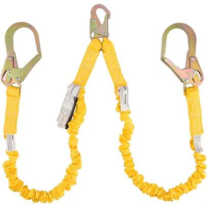 Double Leg 6-Foot Fall Protection Internal Shock Absorbing Stretchable Safety Lanyard With Snap Rebar Hook Connectors ANSI Compliant