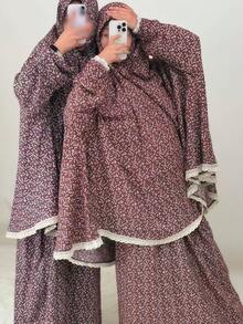 2pcs Set: Khimar + Abaya Floral Print Muslim Prayer Outfit, Pullover Long Robe Abaya Paired With Matching Printed Hijab Headscarf, Casual Outdoor Essential Fashion Item, Women's Abaya Robe, Muslim Hijab Dress