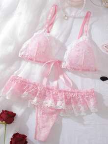 Women 2 Pieces Lingerie Nightwear Set, Lace Patchwork Bowknot Front Sleeveless Bra Ruffles Thong Sleepwear Suit - 粉色 - 查看 5