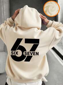 Tween Boy "67 SIX SEVEN" Letter & Number Graphic Fleece Pullover Sweatshirt Sweatshirt, Warm & Comfortable For Autumn/Winter, Suitable For Fun Boys'' Casual Street Style - Apricot - View 3