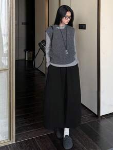 秋季休闲宽松腰部褶皱半身裙，显瘦黑色半身裙 - 黑色 - 查看 5