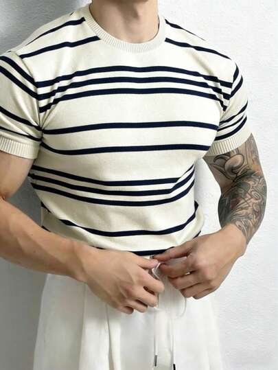 1 pieza Suéter de punto de cuello redondo de manga corta para hombre, con ribete a rayas, de tejido de punto, con ajuste relajado, resistente a las arrugas, de fácil cuidado, suéter de punto de manga corta casual y cómodo, versátil para uso diario y reuniones con amigos en verano