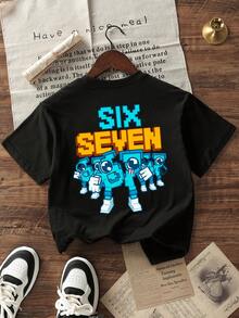 Boys & Teens Casual Printed Crew Neck Short Sleeve T-Shirt, Summer Top - Black - View 3