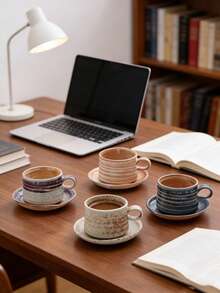 1pc / 2pcs Handmade Ceramic Coffee Cup And Saucer Set (2PCS) - Artisan Pottery Mugs For Tea/Latte (Assorted Glazes) Assorted Unique Glaze Finishes Dishwasher-Friendly Versatile For Coffee/Tea/Latte Scandinavian Afternoon Tea & Breakfast Cups – Back-To-School Season - 彩色 - 查看 11