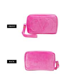 Valentino Pink Cosmetic Pouch With Detachable Satin Strap, Soft Velvet Makeup Bag Featuring Signature VLogo Medallion & Metal Zipper Pull - Hot Pink - View 7