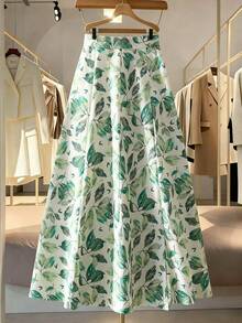 Chân váy dài xòe thanh lịch, kiểu dáng thường ngày, chất liệu polyester, họa tiết lá xanh tươi mát, không co giãn. - Màu xanh Bạc hà - Xem 7