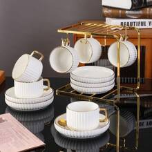 一套简约竖条纹金边陶瓷杯碟，250毫升/8.45盎司欧式咖啡杯碟，2件套/6件套优雅下午茶杯碟套装，适用于客厅、餐厅、咖啡馆、圣诞节、斋月聚会礼品 - 金色 - 查看 11