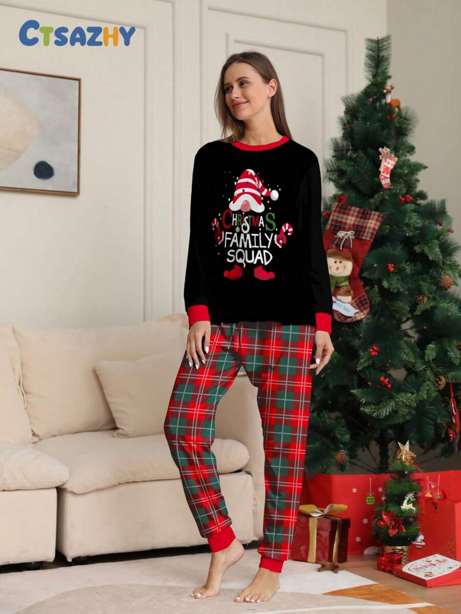 圣诞节、新年字母印花长袖黑色上衣搭配红黑格子裤，女士圣诞套装、圣诞睡衣、女士秋冬两件套家居服 - 彩色 - 查看 1