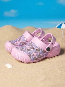 1 Pair Girls' Comfortable Fashion Casual Lightweight Cute Pink Heart Print Outdoor Beach Toe-Protection Clogs, Spring/Summer - Pink - View 2