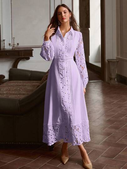 Simplee Women's Spring/Summer New Elegant Solid Color Lace Patchwork Button Decor Dress, Wedding Guest Dress, Vintage Style