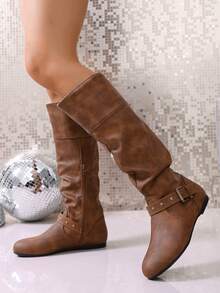 Sepatu Bot Vintage Baru dengan Ujung Bulat, Detail Gesper, dan Resleting Samping, Musim Gugur - Coklat - View 5