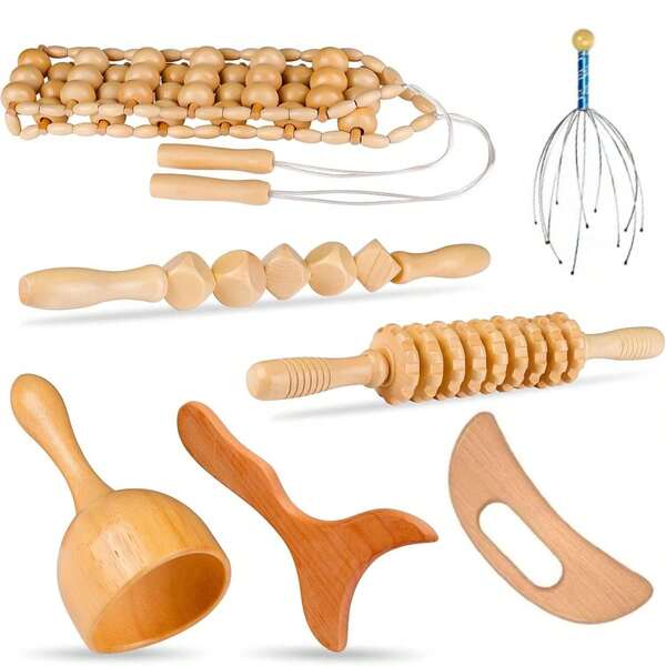 7-In-1 Wooden Massage Tool Set For Body Relaxation And Comfort