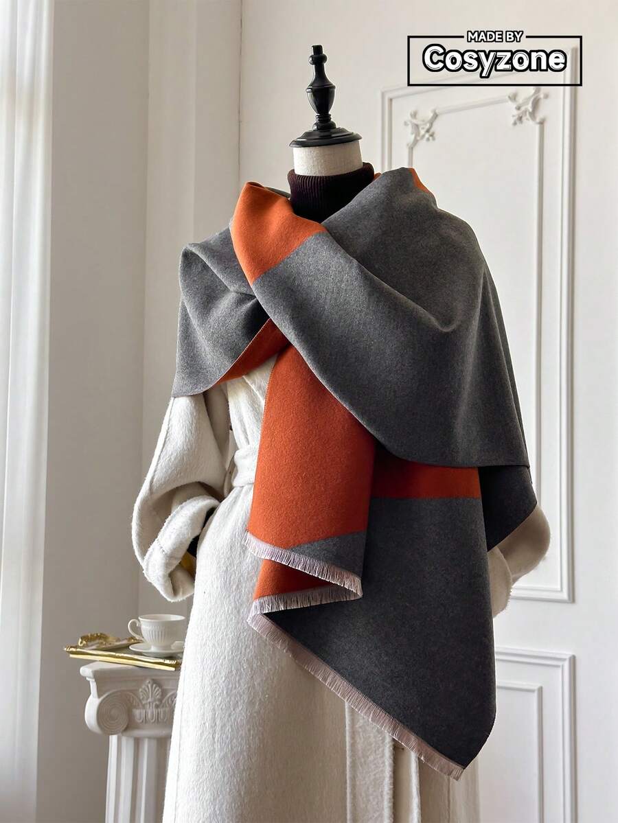 1 pieza Bufanda de punto jacquard geométrico, cálida y versátil para mujeres, adecuada para salas con aire acondicionado, otoño/invierno, accesorio de moda, calentador de cuello, chal, regalo - gris naranja - Ver 1