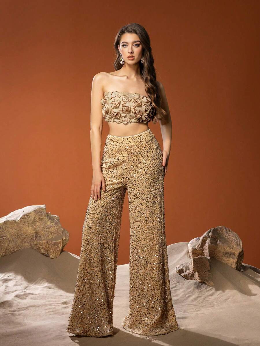 Faeriesty 优雅女士亮片长裤和3D立体花卉吊带背心两件套，修身舒适，精致永恒的设计，适合红毯、盛会、婚礼、奢华派对等场合，例如婚宴、化装舞会、秘密花园派对、正式晚宴、黑领结活动、毕业典礼和生日装扮，春夏连衣裙 - 香檳色 - 查看 1