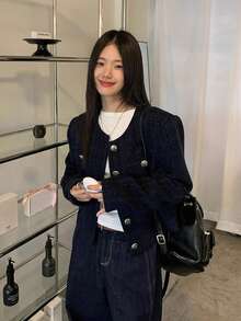 Women's Casual Blue Short Jacket, Autumn/Winter New Arrival - Navy Blue - View 8
