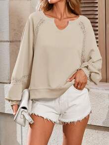 Women's Fall Oversized Sweatshirt V Neck Lace Lantern Long Sleeve Y2K Cropped Pullover Tops - Màu Khaki - Xem 2
