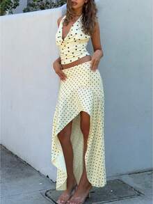 Women's Polka Dot 2-Piece Set Deep V Neck Halter Ruched Crop Top High-Low Skirt Summer Y2k Outfits Sets - 黃色 - 查看 1