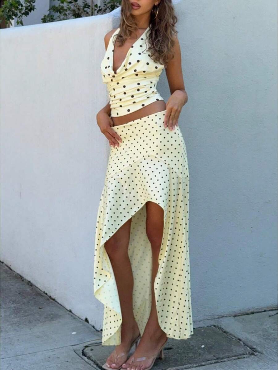 Women's Polka Dot 2-Piece Set Deep V Neck Halter Ruched Crop Top High-Low Skirt Summer Y2k Outfits Sets - 黃色 - 查看 1