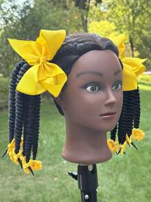 2pcs Kinky Marley Ponytail With Elastic Band Soft Hair Girl Braided With Bow Clip, Flower Clip In The End Ponytail - Black - View 4