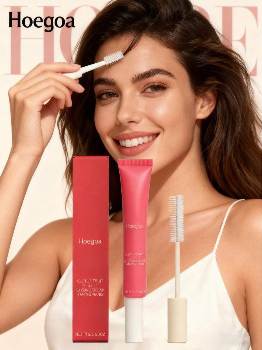 Hoegoa Hair Styling Cream Shattered Hair Finishing Edge Control Anti-Frizz Flyaways Long-Lasting Smooth Broken Loose Hair Repair Non-Greasy Shine Hair Shaping Cream With Brush - 粉色 - 查看 1