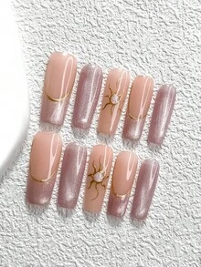 10Pcs Glitter Style Handmade Press On Nail,Polygel Nail Set,French,Sun,Cat's Eye,Dark Purple Nail Polish,Calm And Dignified Style,Includes Nail Tools,3 Sizes Available,Almond,Duck,Coffin Nails For Party,Dance,Daily Wear. - 彩色 - 查看 17