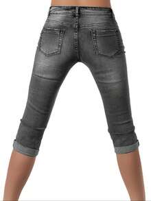 女士优雅休闲破洞卷边七分牛仔裤，适合秋夏季通勤和外出穿着 - 中灰色 - 查看 5