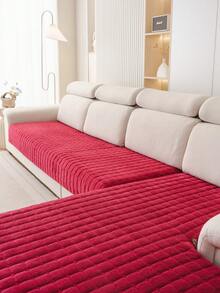 1件刺绣毛绒沙发垫套，纯色叶子图案，防滑防刮，四季皆宜，易于清洁的沙发套 - 紅色 - 查看 3