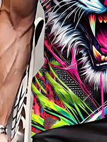 Men'S Bold 3D Tiger Head Graphic T-Shirt - Full Front Tiger Print, Breathable Polyester Shirt For Gym, Streetwear, Parties - Plus Size Friendly Big & Tall Tee - Neon Green/Blue/Pink/Orange/Black/White/Red - Machine Washable Casual Top For Everyday & Special Events, Party Outfit, Street Style, Durable Material, Statement Piece, Fashion Enthusiasts - Màu sắc hỗn hợp - Xem 7