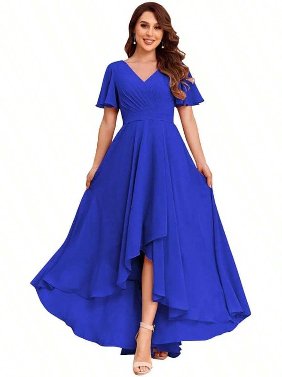 Women's V Neck Bridesmaid Dresses With Sleeves For Wedding Chiffon A-Line Pleated High Low Formal Gown With PocketsHalloween Christmas New Year 2026 - Xanh đậm - Xem 1