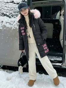 Girls Classic Letter Print Fuzzy Collar Hooded Warm Jacket