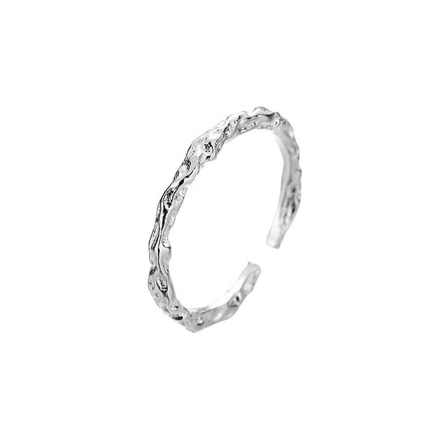 Anillo cóncavo-convexo de plata lisa estilo coreano, anillo abierto simple para estudiantes - plata - Ver 1
