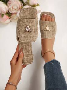 卡其色方头平底拖鞋，金属豹纹搭扣装饰，亚麻绑带，时尚沙滩凉鞋，优雅休闲百搭女士平底拖鞋，夏季新品 - 卡其色 - 查看 2