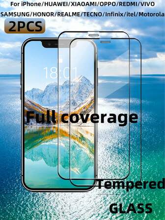 2 paquetes de protectores de pantalla de vidrio templado de cobertura completa, adecuados para varios modelos de teléfonos, resistentes a las huellas dactilares, resistentes al aceite, resistentes a los arañazos, sin burbujas con bordes blancos y compatibles con fundas de teléfono. Accesorios esenciales de protección de pantalla, aplicables a la protección diaria, la oficina, el hogar. Protector de pantalla de teléfono a prueba de agua, a prueba de golpes, anti-caída, resistente a los arañazos