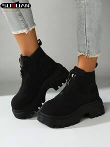 2026 Spring & Autumn New Women's Platform Boots, Front-Zipper Height-Increasing Serrated Sole, British-Style Ankle Boots, Versatile, Slimming & Elevating Ankle Boots, Autumn & Winter Commuter Shoes - Black - View 2