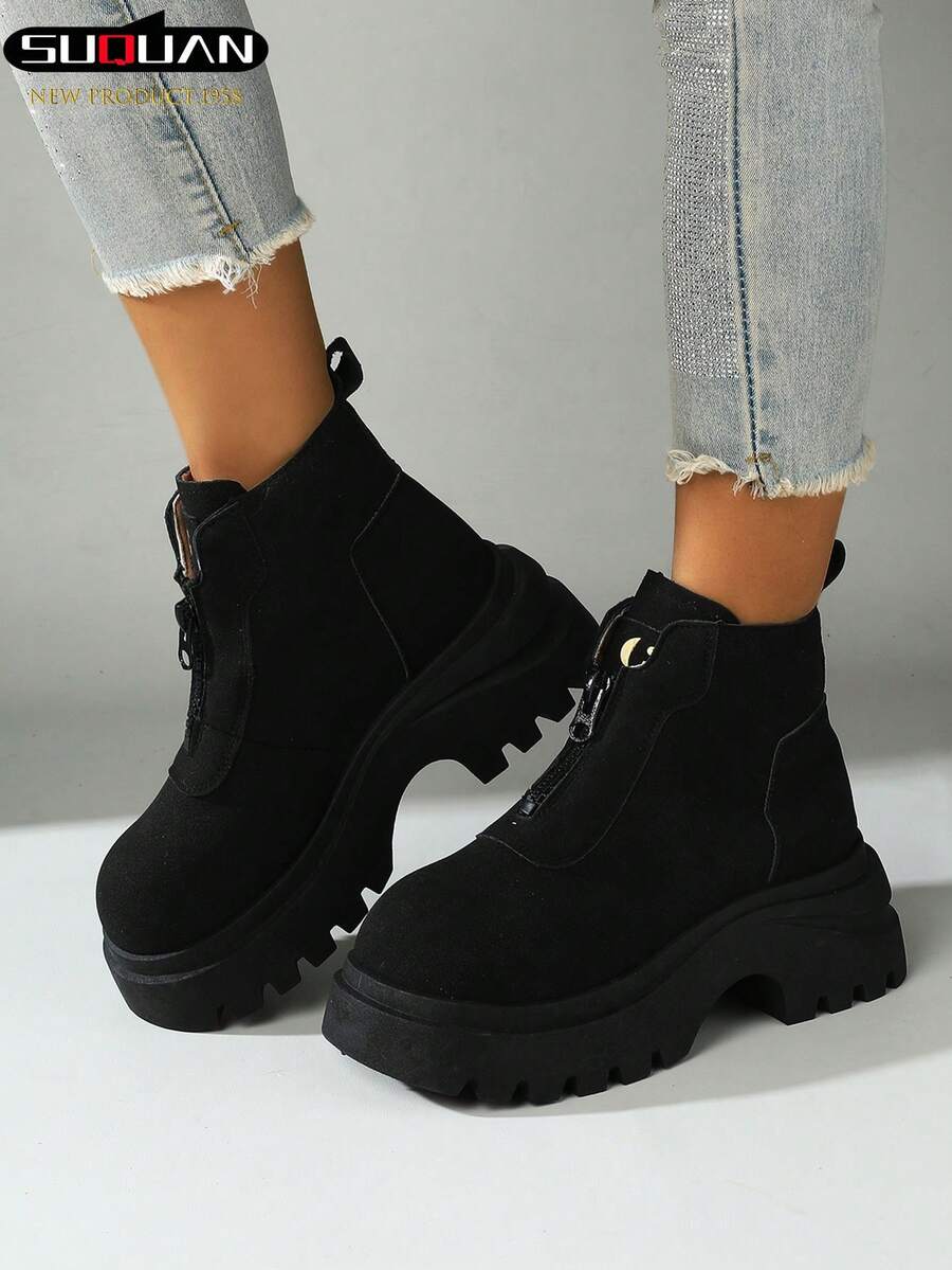 Botas de plataforma para mujer, nuevas para primavera y otoño 2026. Con cremallera frontal, suela dentada que aumenta la altura, estilo británico de tobillo. Versátiles, estilizadoras y elevadoras botas de tobillo, zapatos para ir y venir en otoño e invierno. - Negro - Ver 1