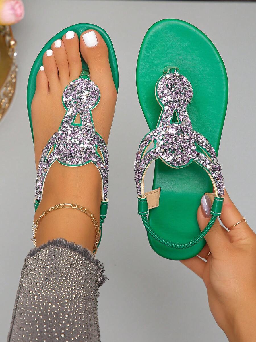 大码 35-45 时尚圆头女士平底凉鞋，夏季露趾锈棕色水钻人字拖轻便女士凉鞋