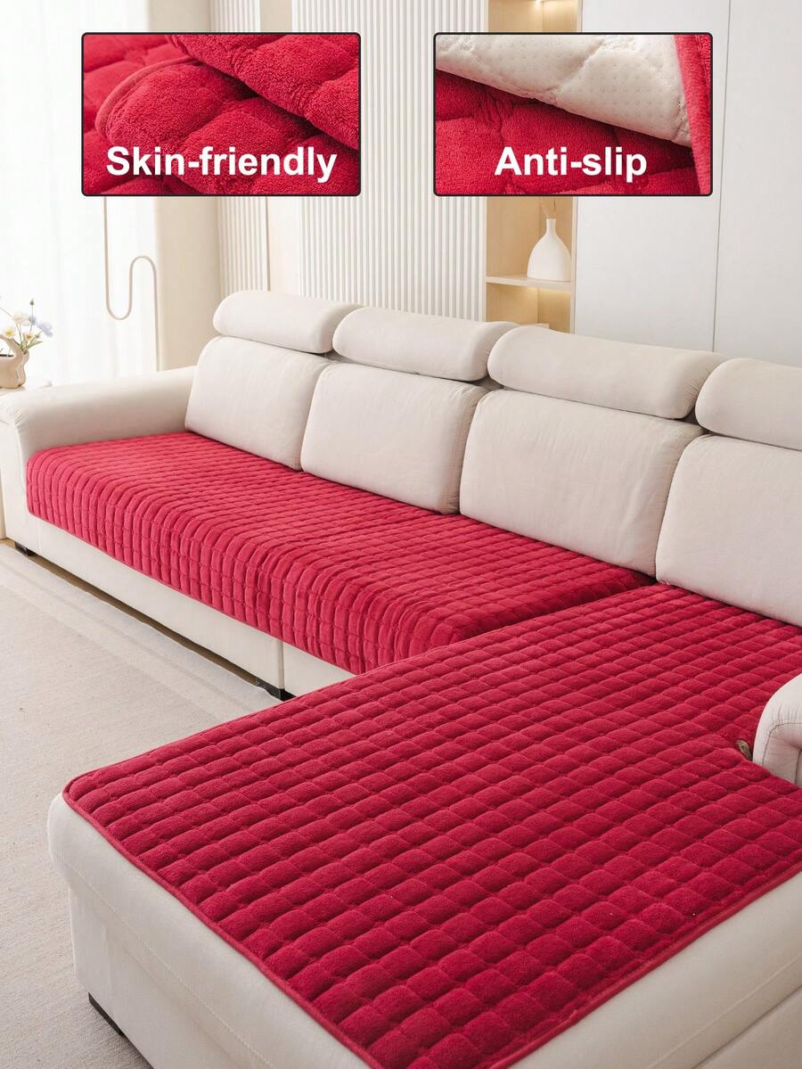 1件刺绣毛绒沙发垫套，纯色叶子图案，防滑防刮，四季皆宜，易于清洁的沙发套 - 紅色 - 查看 1