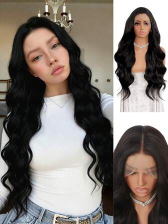 Kroppsvågig Svart Lace Front Peruk 13*4 Lace Front Syntetiska Peruker Med Förplockat Naturligt Hårfäste Syntetiska Peruker med Lace Front Värmebeständiga Fiber Dagligen För Kvinnor 24 Tum