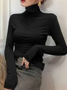 女士大码高领打底衫，可叠穿，长袖，黑色，薄款面料，2024春秋冬新款 - 黑色 - 查看 3