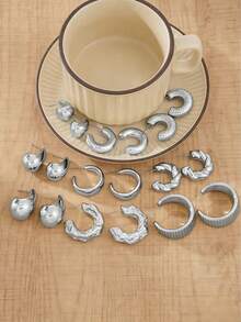 6/18pcs Shiny Silver Water Drop & C-Shaped Twist Textured Hoop Earrings, Fashion Accessories Suitable For Daily Wear. This Product Uses Non-Fading UV Silver Plating, Low-Allergy Thick Silver Earrings, Fashionable And Elegant, Suitable For Daily Gatherings And Parties. The Best Gift For Girlfriends And Mothers. - Silver - View 2
