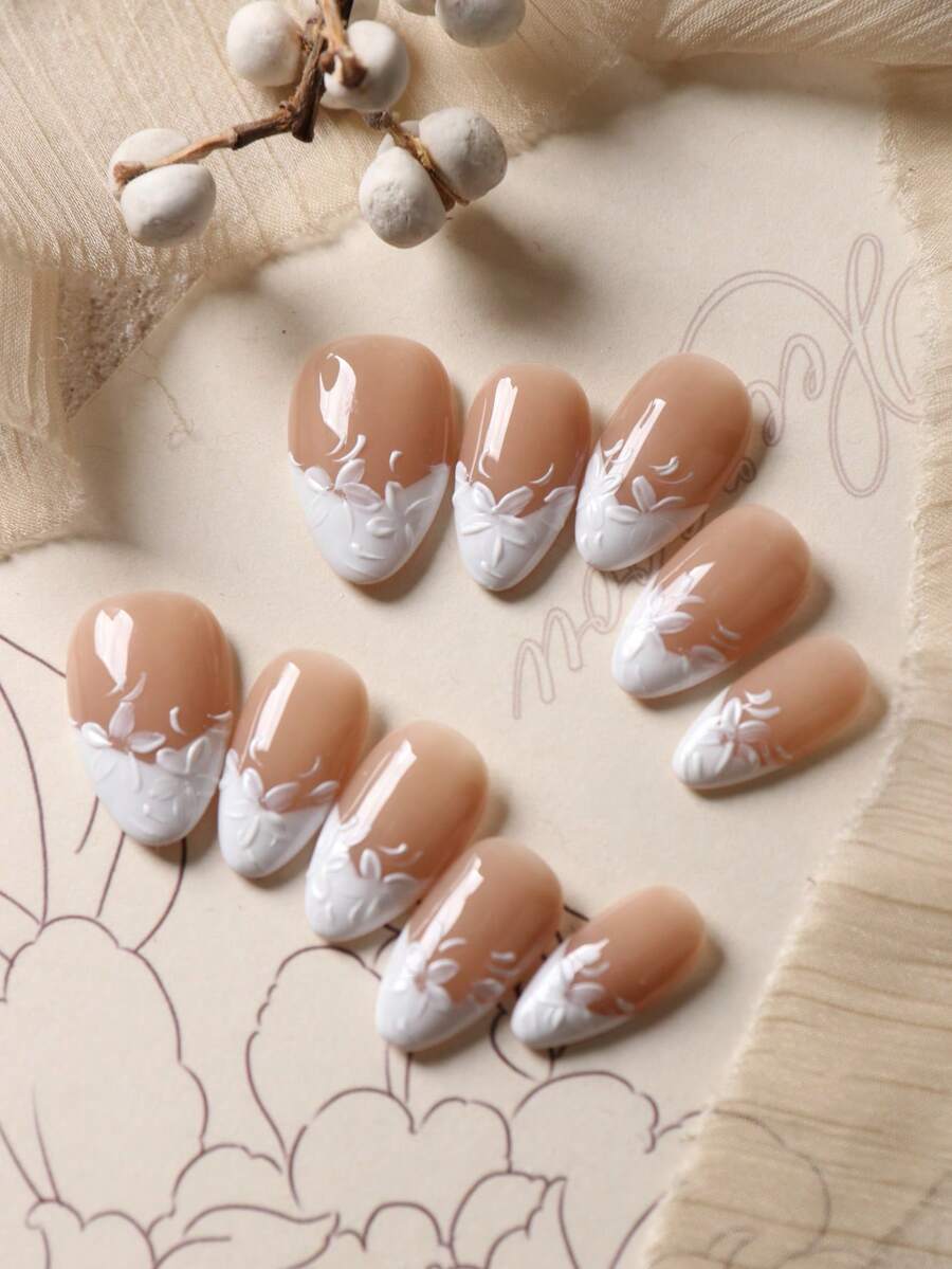 Bộ 10 móng tay giả acrylic hình hạnh nhân màu trắng kiểu Pháp, móng cánh hoa, móng giả ngắn dùng cho đám cưới, công sở, hàng ngày, bộ móng nhân tạo bao gồm 1 tờ keo dán và 1 dũa móng mini, dụng cụ làm móng thủ công. - Nhiều màu - Xem 1