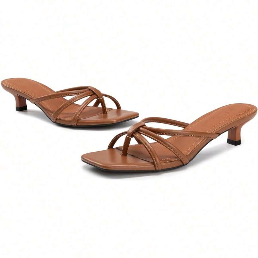 Women's Strappy Kitten Heels Square Toe Flip Flop Low Heels Slip On Thong Heeled Sandals The Thong Design And Thin Straps Of These Flip Flop Heels Divide The Instep Vertically, Making Your Legs Look Longer And Slimmer, Creating A Modern And Attractive Foot Silhouette - màu nâu - Xem 1