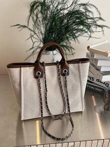 Large Capacity Women Tote Bag, European And American Style Handbag With Shoulder Strap And Chain - Khaki - View 4