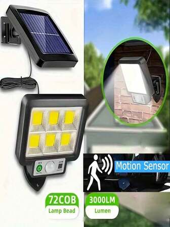 72 luces solares de pared LED COB, 3 modos de iluminación, sensor de movimiento, IP44 resistente al agua, plástico negro, adecuado para jardín, entrada de vehículos y diversas escenas