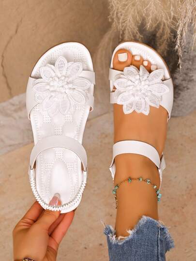 Plus Size Women's Elegant Sandals, White Floral Decor, Fairy Tale Style For Summer, Open Toe Design, Fabric Upper And Lining, Non-Slip Outsole, Microfiber Insole