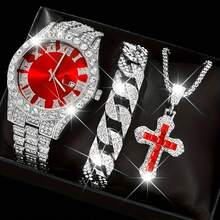 Men's 3-Piece Punk Style Watch & Jewelry Set - Accent Fashion Watch With Cross Pendant Necklace & Cuban Chain Bracelet  Hip Hop Accessories  Ideal For Holidays & Casual Wear - Red - View 2