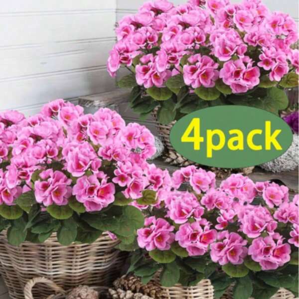 Artificial Geranium Shrub - Realistic Pink Flowers With Green Leaves, Suitable For Indoor And Outdoor Decor, Ideal For Gardens, Porches, Patios, Window Boxes And Hanging Planters, Maintenance-Free, Artificial Outdoor Floral Shrub