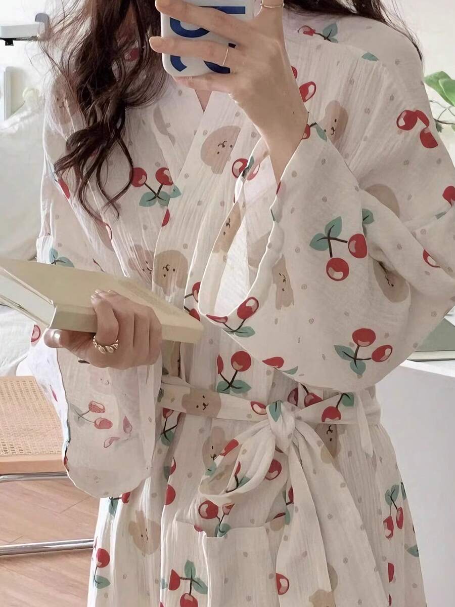 1 Áo choàng tắm nữ, kiểu dáng tối giản châu Âu, tay dài, đồ mặc nhà, in họa tiết hoa anh đào màu hồng, chất liệu mỏng nhẹ, màu trơn, áo choàng tắm mặc nhà mùa xuân thu hè, thích hợp cho gia đình, phòng tắm và spa, áo choàng buổi sáng và áo choàng ngủ. - Nhiều màu - Xem 1