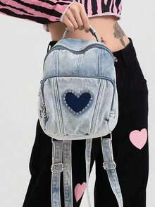 New Fashionable Light Blue Heart-Shaped Denim Backpack,Valentine's Day Gift,Small Backpack With Rhinestones And Small Hearts, Retro Preppy Style, Mini Perfume Backpack. - Blue - View 2