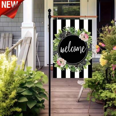1 Piece Welcome Garden Flag - Double Sided Country Farmhouse Style, Floral & Striped Pattern Durable Polyester Outdoor Flag, Weather Resistant Porch Garden Decoration, No Electricity Needed Vibrant Garden Art For Home Yard Patio Deck Balcony, Perfect For Seasonal Outdoor Decor & Housewarming Gifts